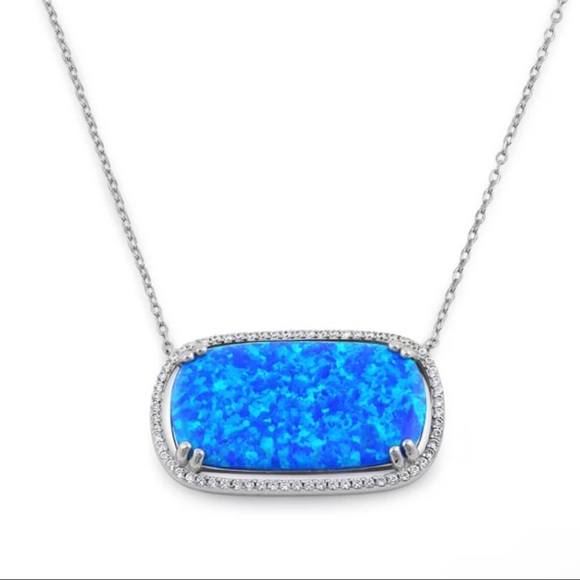 925 Sterling Silver Blue Opal Squoval CZ Halo Necklace - Picture 4 of 6